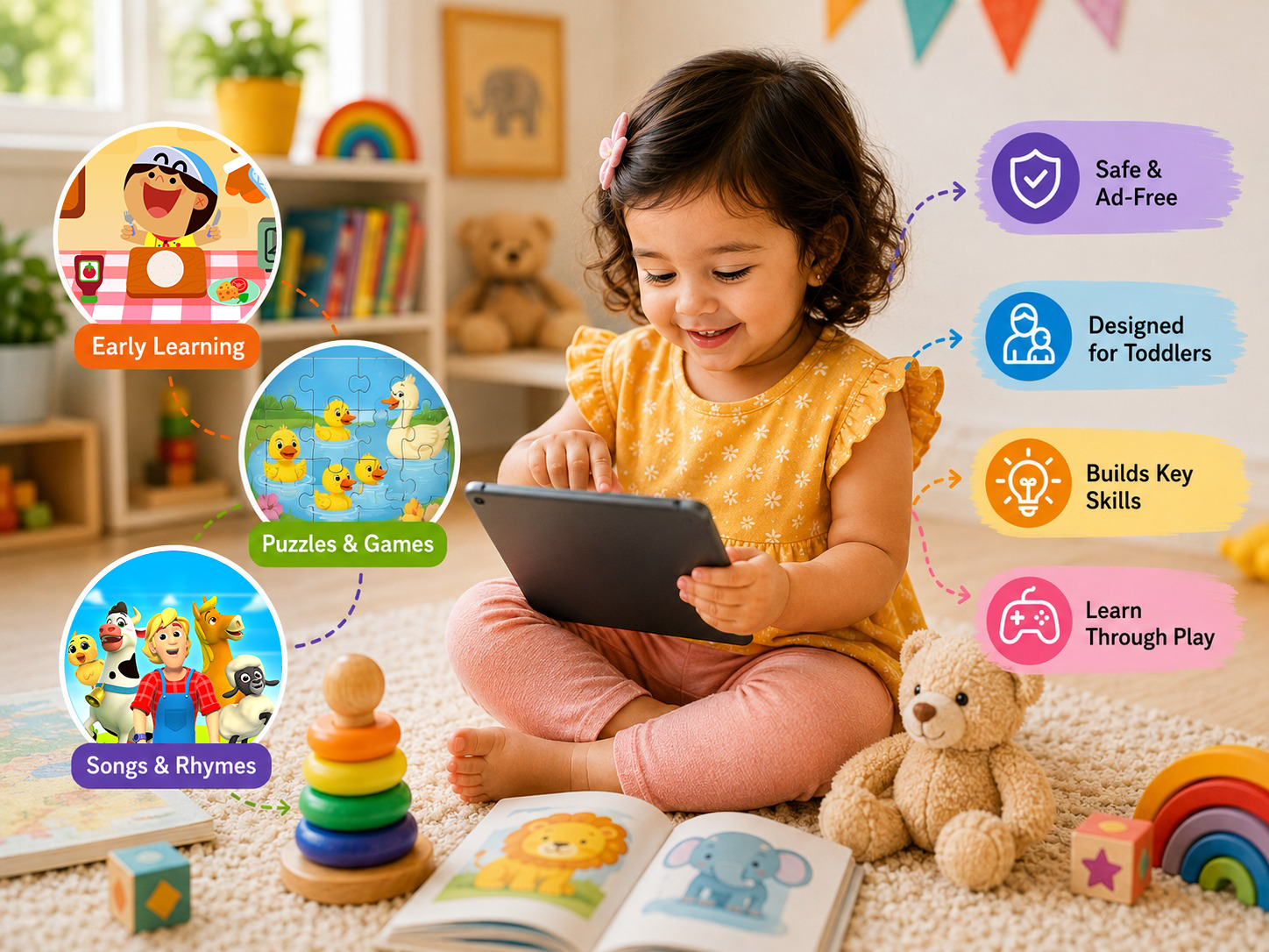 Smiling toddler using an educational tablet app in a colorful playroom, with icons showing early learning, puzzles, and nursery rhymes in a safe, child-friendly environment.