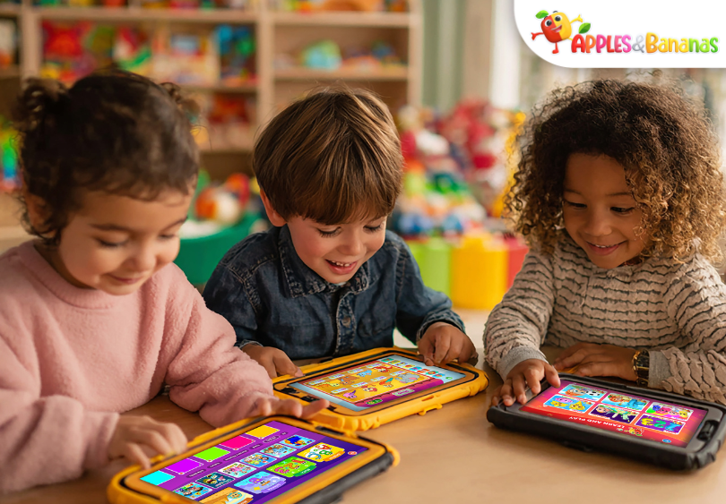 A toddler engaging with an educational app on a tablet, learning numbers and letters through the Apples and Bananas Kids Learning App