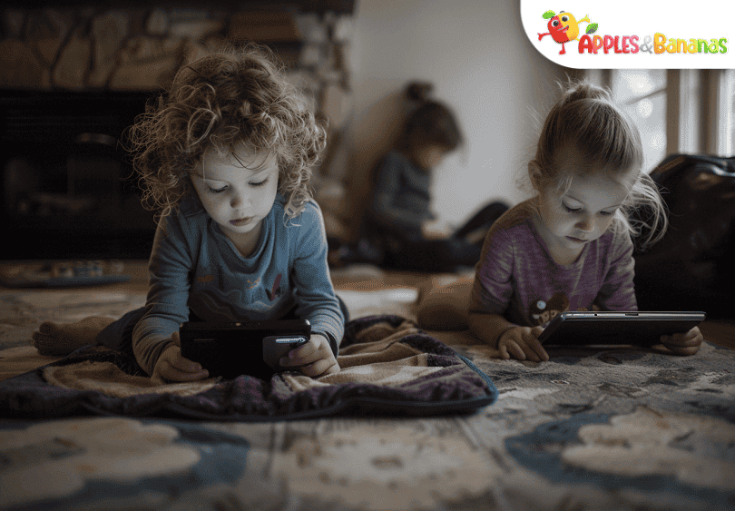 A young child using a tablet with a parent beside them, engaging with educational content in a cozy home setting.