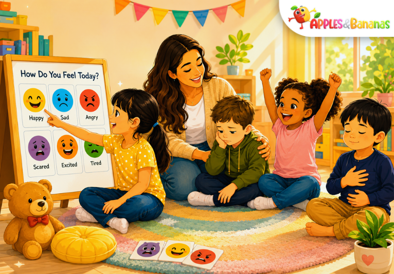 Cartoon illustration of a teacher helping children learn emotional intelligence as a happy child points to the happy emotion card in a colorful classroom.