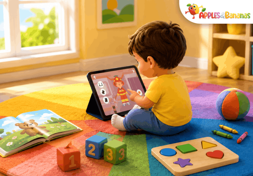 Young child using an iPad with an interactive kids learning app in a colorful playroom, surrounded by books, blocks, puzzles, crayons, and toys for balanced early learning.