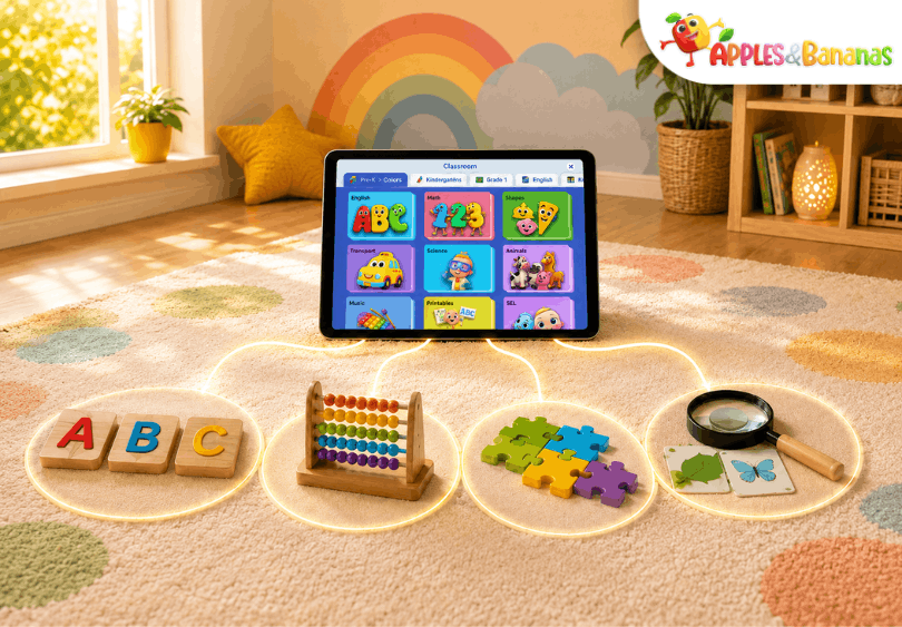 A tablet showing a colorful kids learning app connected to ABC blocks, an abacus, puzzle pieces, and discovery cards in a bright playroom.