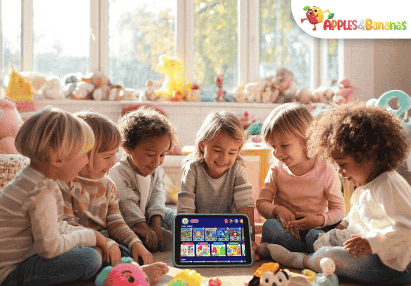Child using a learning app on a tablet to build emotional and social skills