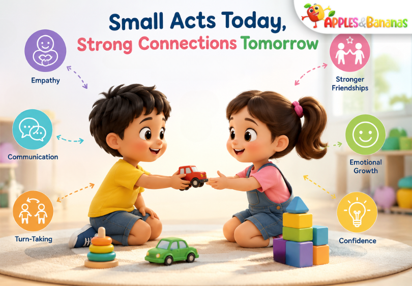 Children sharing a toy in a colorful playroom with icons showing empathy, communication, turn-taking, confidence and emotional growth.