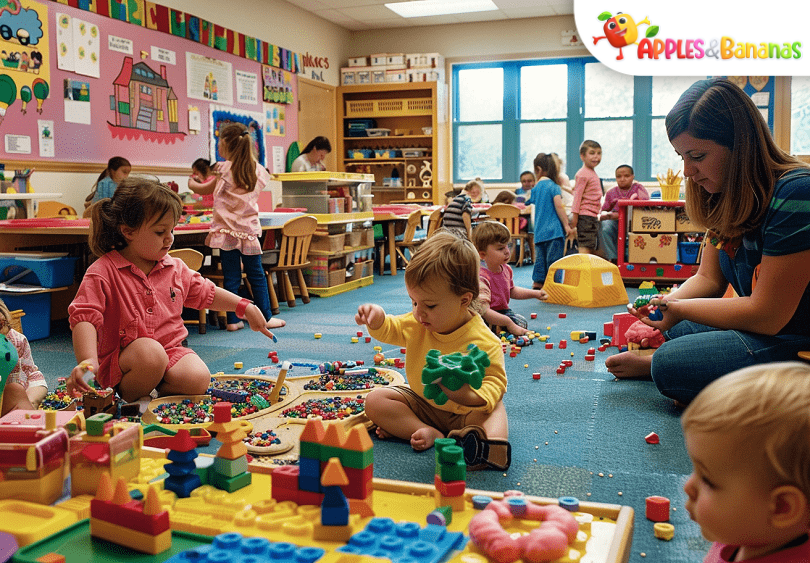 A young child threading large beads on a string while another child balances on a stepping stone path, both engaged in motor skill-building play.