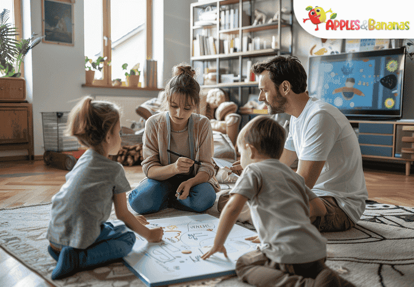 A young child smiling while reading a picture book with a parent, surrounded by alphabet toys and colorful speech bubbles symbolizing early language development.