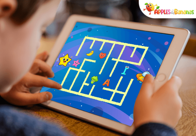 Child and parent learning together on a tablet with colorful letters, numbers, and puzzle icons glowing softly, symbolizing structured learning.