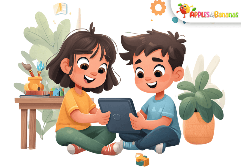 Two small children using a tablet with an educational app, with minimal icons for creativity, problem-solving, and early learning.