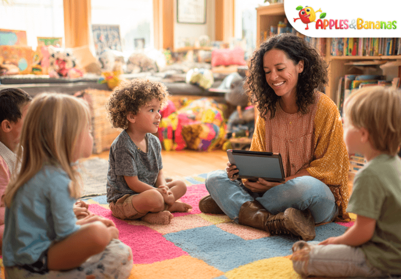 A young child sitting on a colorful play mat, using a tablet for learning, surrounded by other children and an adult in a vibrant, joyful room filled with books and toys.