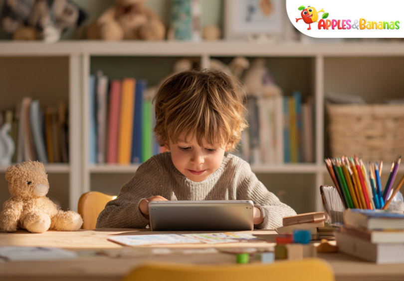 A young child sitting at a colorful desk, confidently using a tablet for learning in a bright, naturally lit room filled with books and playful toys.