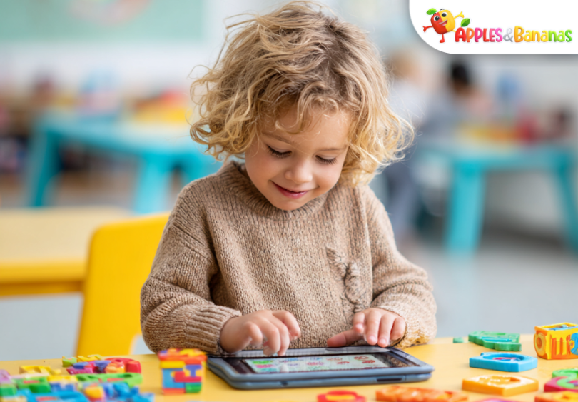 Toddler in a preschool classroom using an educational tablet with alphabet puzzles, letter blocks and phonics flashcards for early literacy learning.
