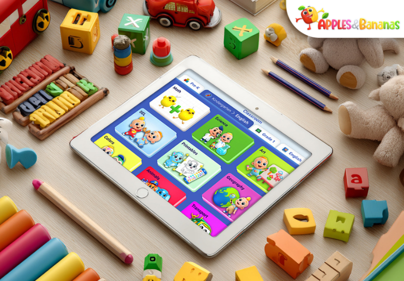 Preschool children using an interactive learning app while exploring letters, numbers, shapes, and play-based activities in a bright, child-friendly setting.