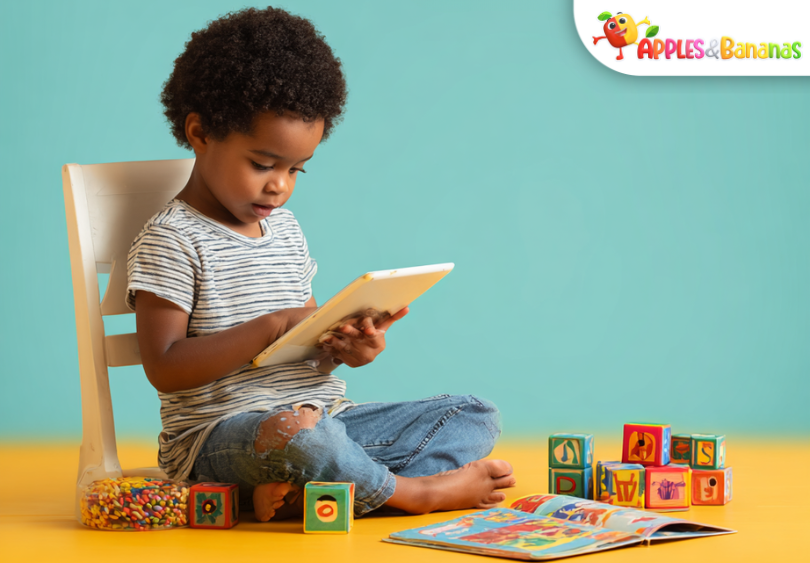 Young child using a tablet for a 15-minute early literacy activity with alphabet blocks, books, and a timer on a bright study table.