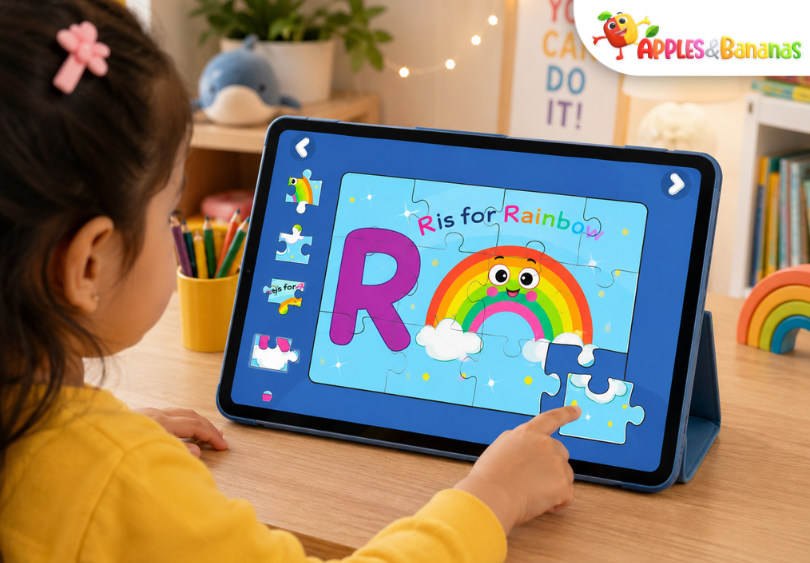 Young child playing a colorful rainbow jigsaw puzzle on a tablet in a bright playroom.