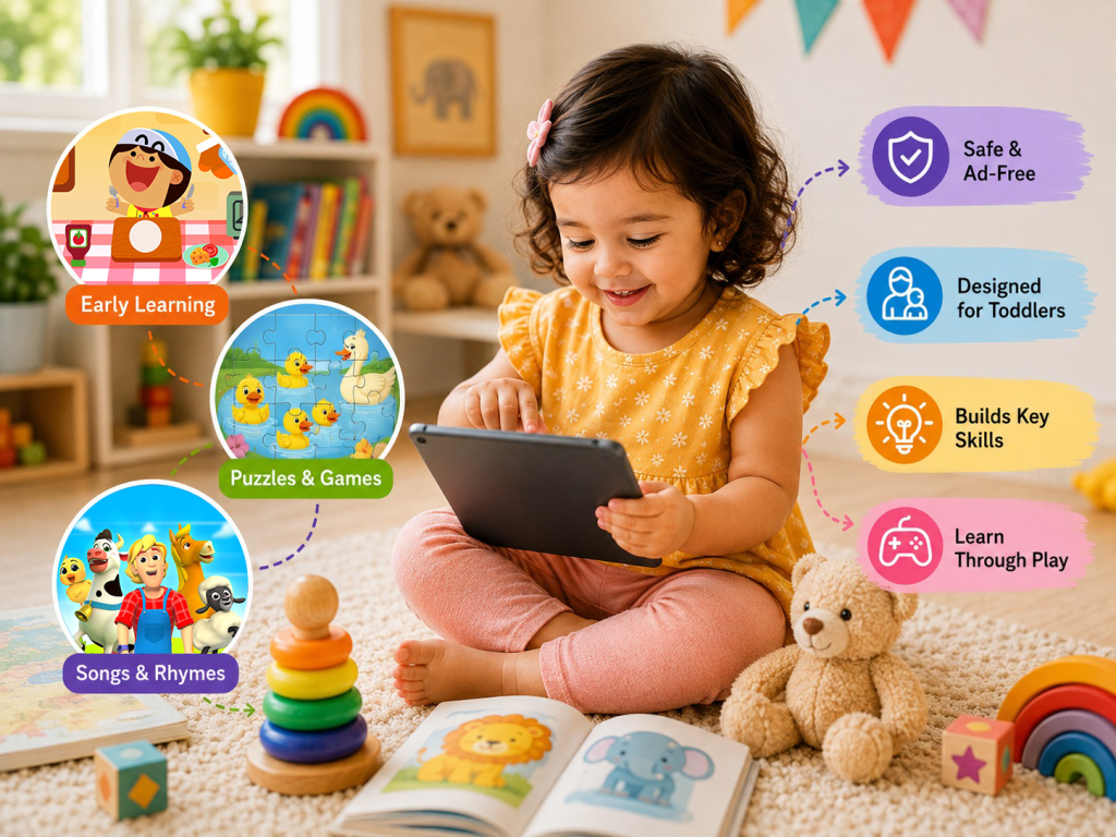 Smiling toddler using an educational tablet app in a colorful playroom, with icons showing early learning, puzzles, and nursery rhymes in a safe, child-friendly environment.